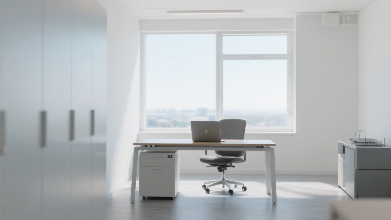 Bright modern office interior with minimal furniture, laptop on a desk, and a large window, creating a clean and focused environment for analytical work