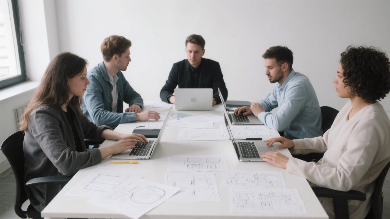 Small team working session around a table with laptops and printed wireframes, focused atmosphere, minimal decor and clear documents for CRO planning