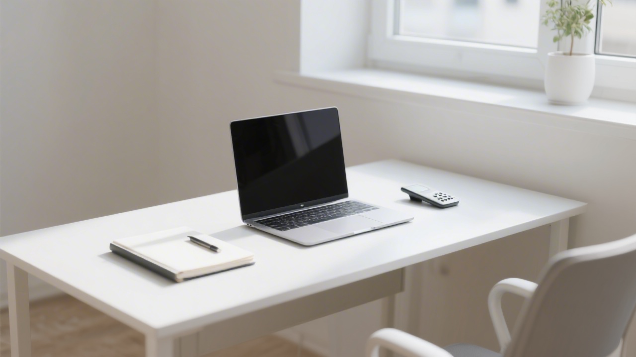 Clean workspace with a laptop, notebook, and phone, natural light from a window, minimal decor conveying a professional and approachable contact environment