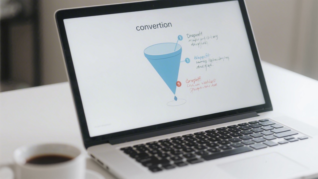 Close-up of a conversion funnel diagram on a laptop screen with drop-off points highlighted, analyst notes beside the screen and a cup of coffee in a calm workspace
