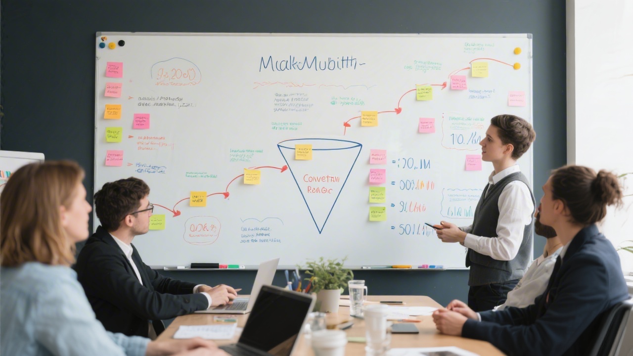 Large whiteboard filled with funnel stages, sticky notes, and conversion rate metrics, small team workshop environment with clear, readable annotations and structured layout