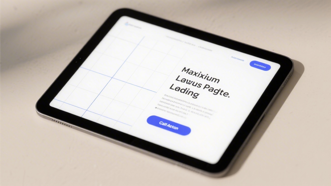 Modern landing page mockup on a widescreen monitor, clear hero section with CTA button, neutral background and design grid lines indicating structure and hierarchy
